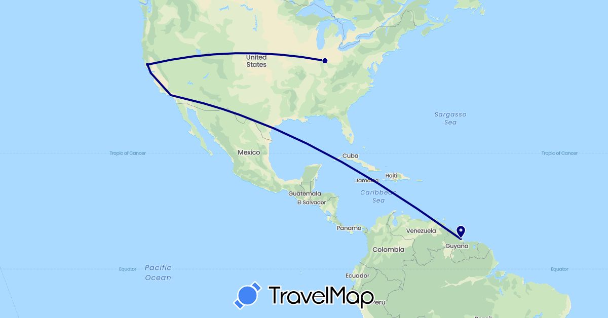 TravelMap itinerary: driving in Guyana, United States (North America, South America)
